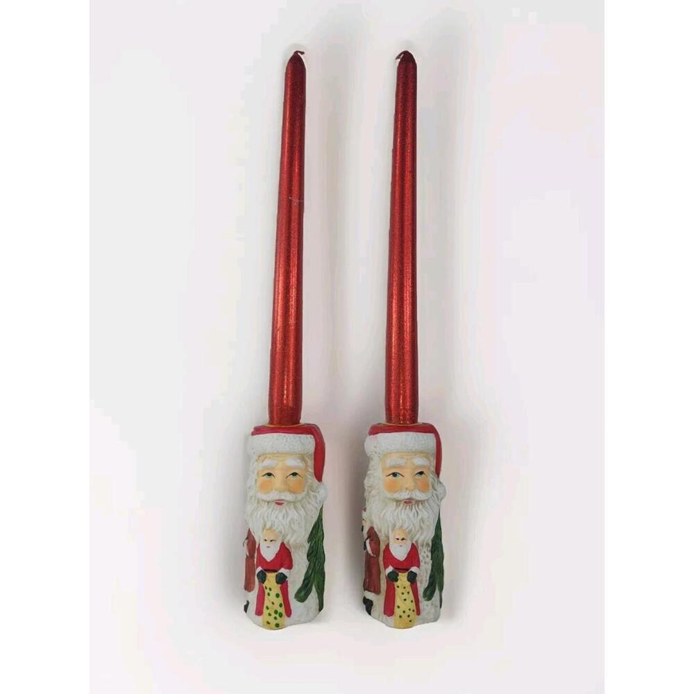 Santa Clause Nordic Porcelain Candle Stick Holder Set of 2 Vintage
